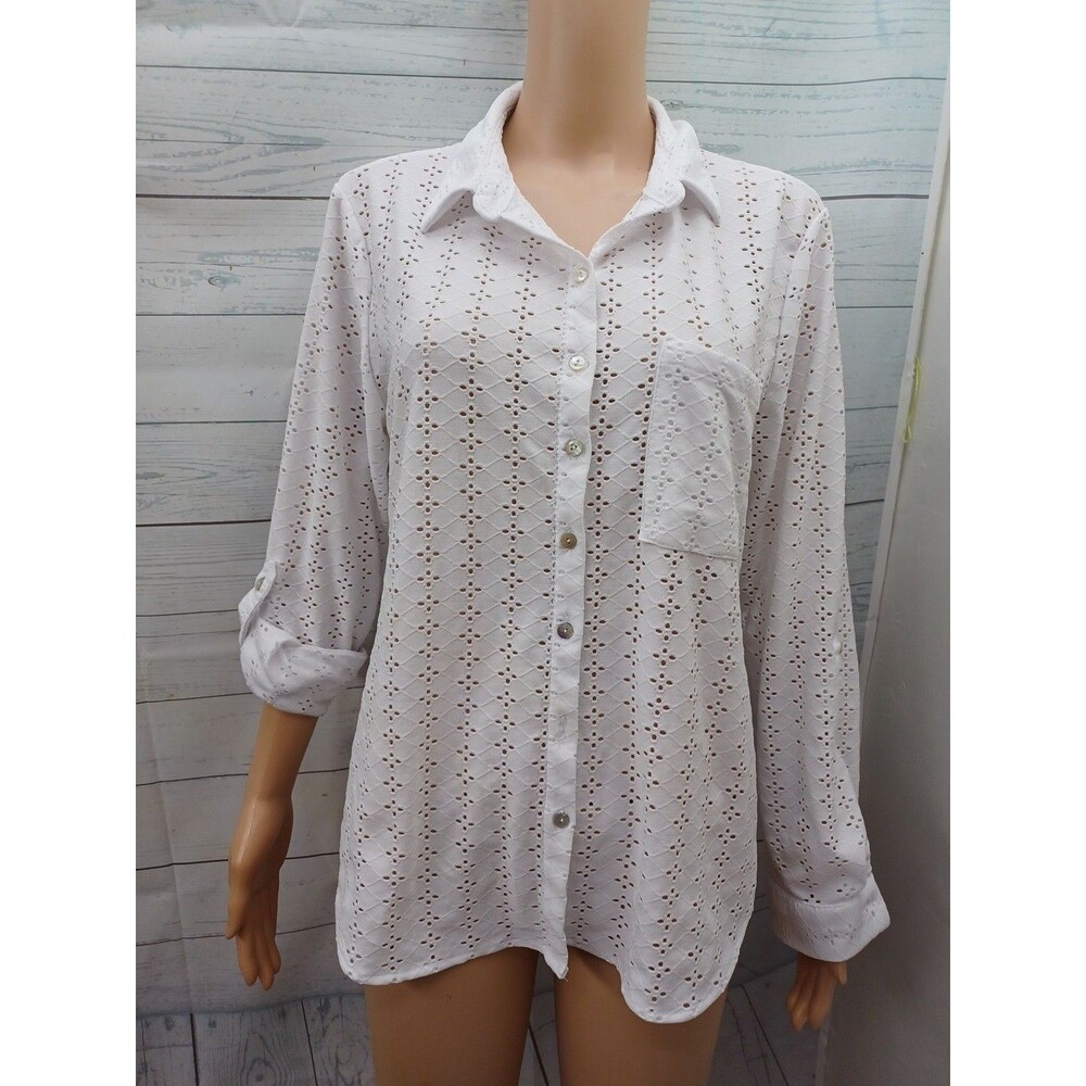 Love Potion Sz L Boho Broderie Anglaise Blouse Shirt Long Sleeve White Stretch